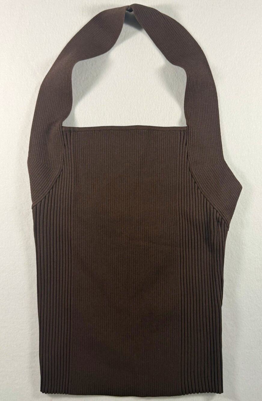 Lucy Paris Lydia Halter Top Brown Ribbed Open Back Stretch NWT Size M